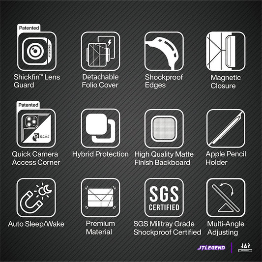 JTLEGEND Mighty Transformer QCAC Detachable Folio Shockproof Case for iPad Air 10.9" (2022/2020) & iPad Pro 11" (2018-2022), with Apple Pencil Holder+Clip, Stone Black