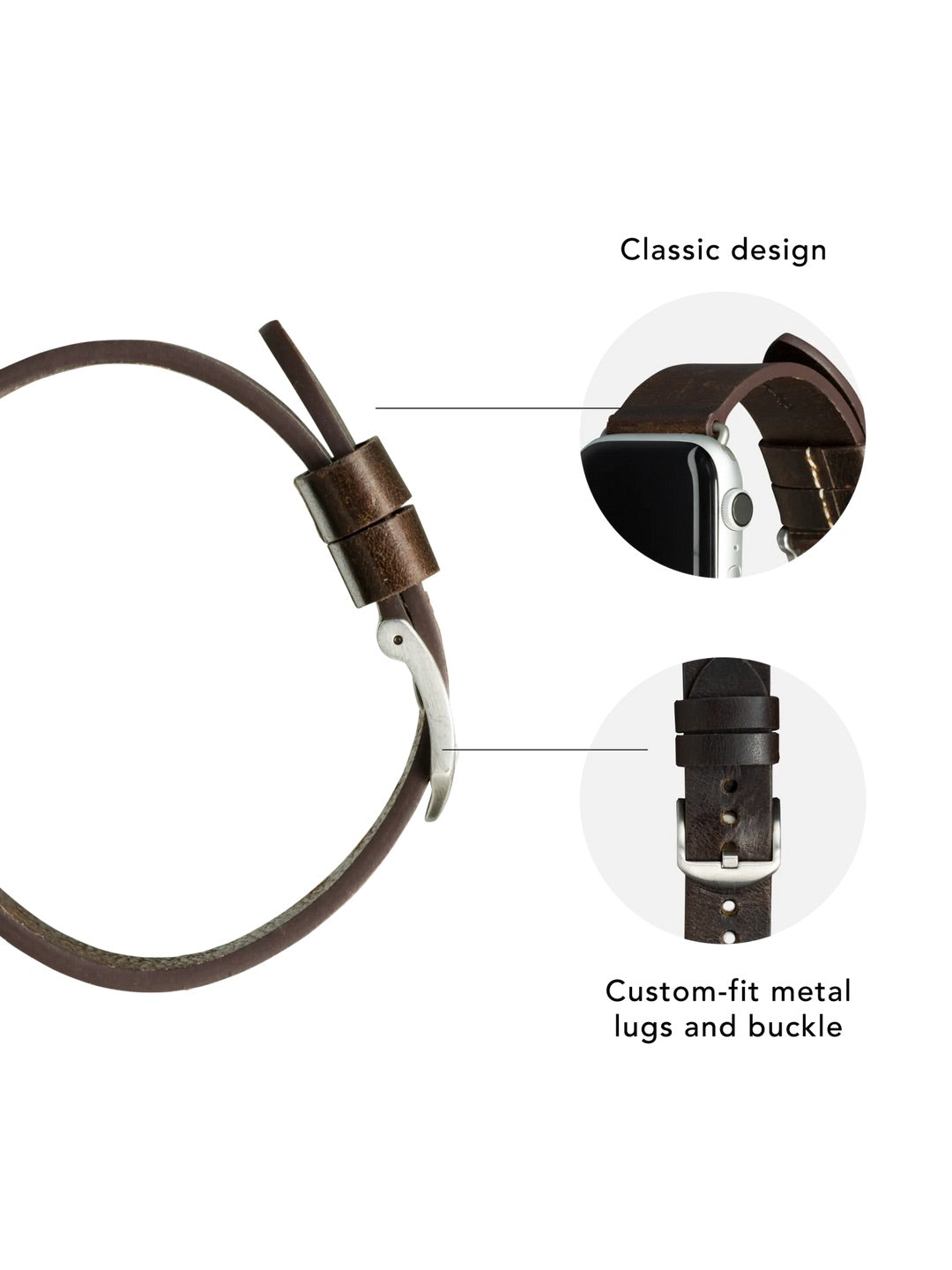 dbramante1928 Bornholm Handcrafted Full-grain Leather Watch Strap for Apple Watch 46mm (2024)/49mm/45mm/44mm/42mm - Dark Brown/Silver