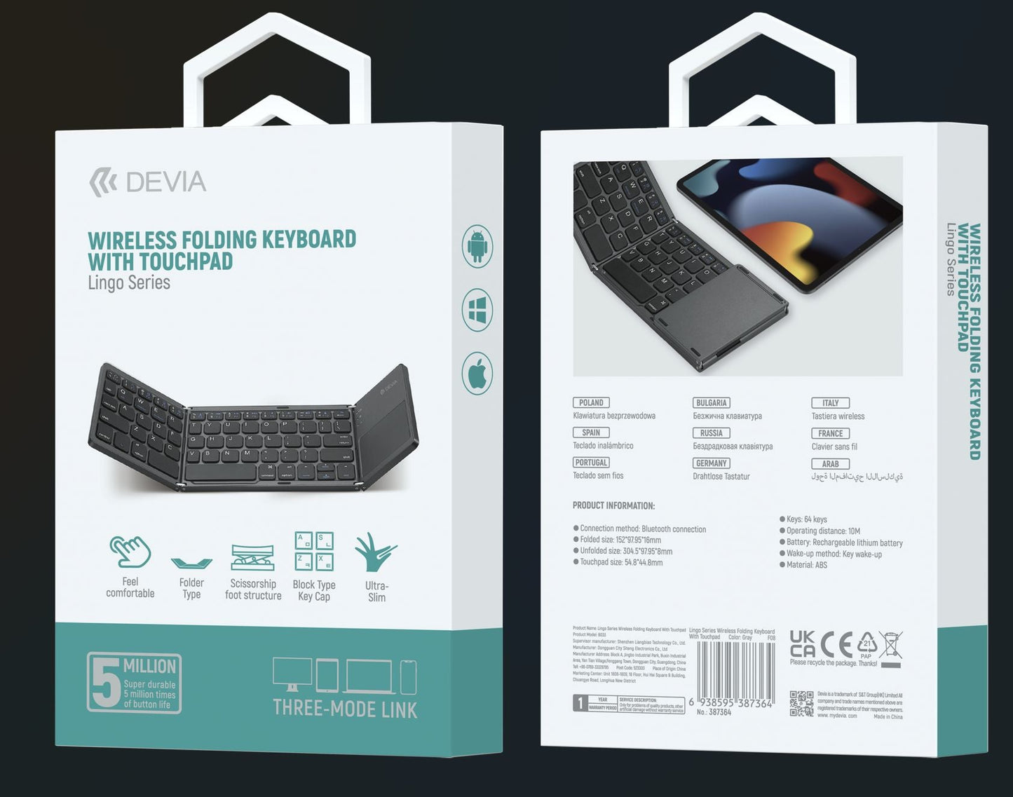 DEVIA Lingo Series Wireless Folding Keyboard with Touchpad - Gray