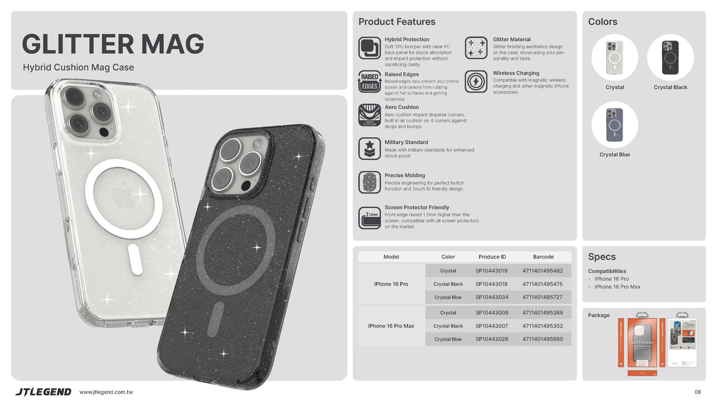 Power Support JTLEGEND Glitter Mag Hybrid Cushion Case with MagSafe for Apple iPhone 16 Series (2024)