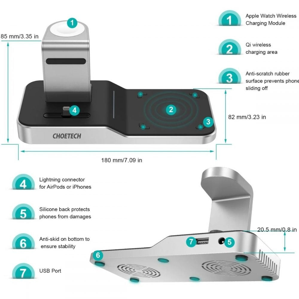 Choetech 4 In 1 Wireless Charging Dock iPhone + Apple Watch, Black (MFI) (T316)