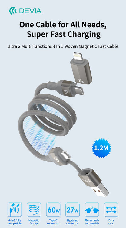 DEVIA Ultra 2 Multi Functions 4 In 1 Woven Magnetic Fast Cable (1.2M)- Natural Titanium
