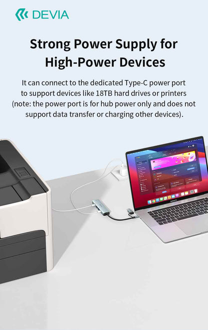 DEVIA Pro2 USB+Type-C to RJ45+2A+2C 5-in-1 Hub with RJ45, USB 3.0, USB 2.0, and two Type-C Ports