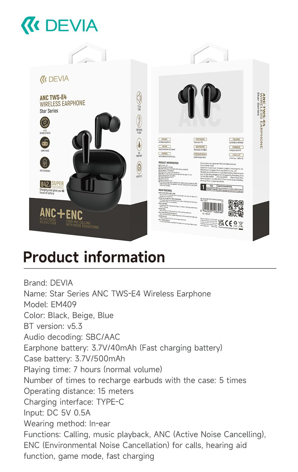DEVIA Star Series ANC TWS-E4 Wireless Earphone - Black