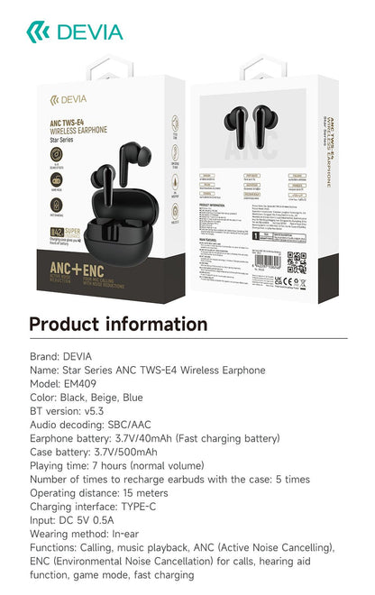 DEVIA Star Series ANC TWS-E4 Wireless Earphone - Black