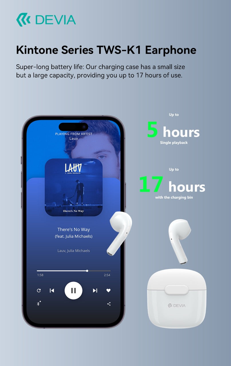 DEVIA Kintone Series TWS-K1 Wireless Earphone (USB-C Charging Interface) - Black