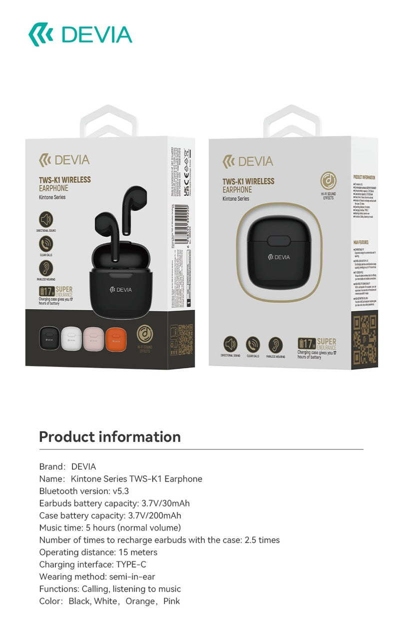 DEVIA Kintone Series TWS-K1 Wireless Earphone (USB-C Charging Interface) - Black