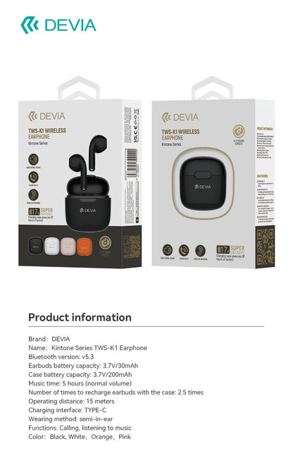 DEVIA Kintone Series TWS-K1 Wireless Earphone (USB-C Charging Interface) - Black