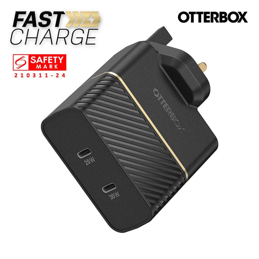 OtterBox Dual GaN Wall Charger (50W) 30W USB-C PD + 20W USB-C, Black/Space Sand