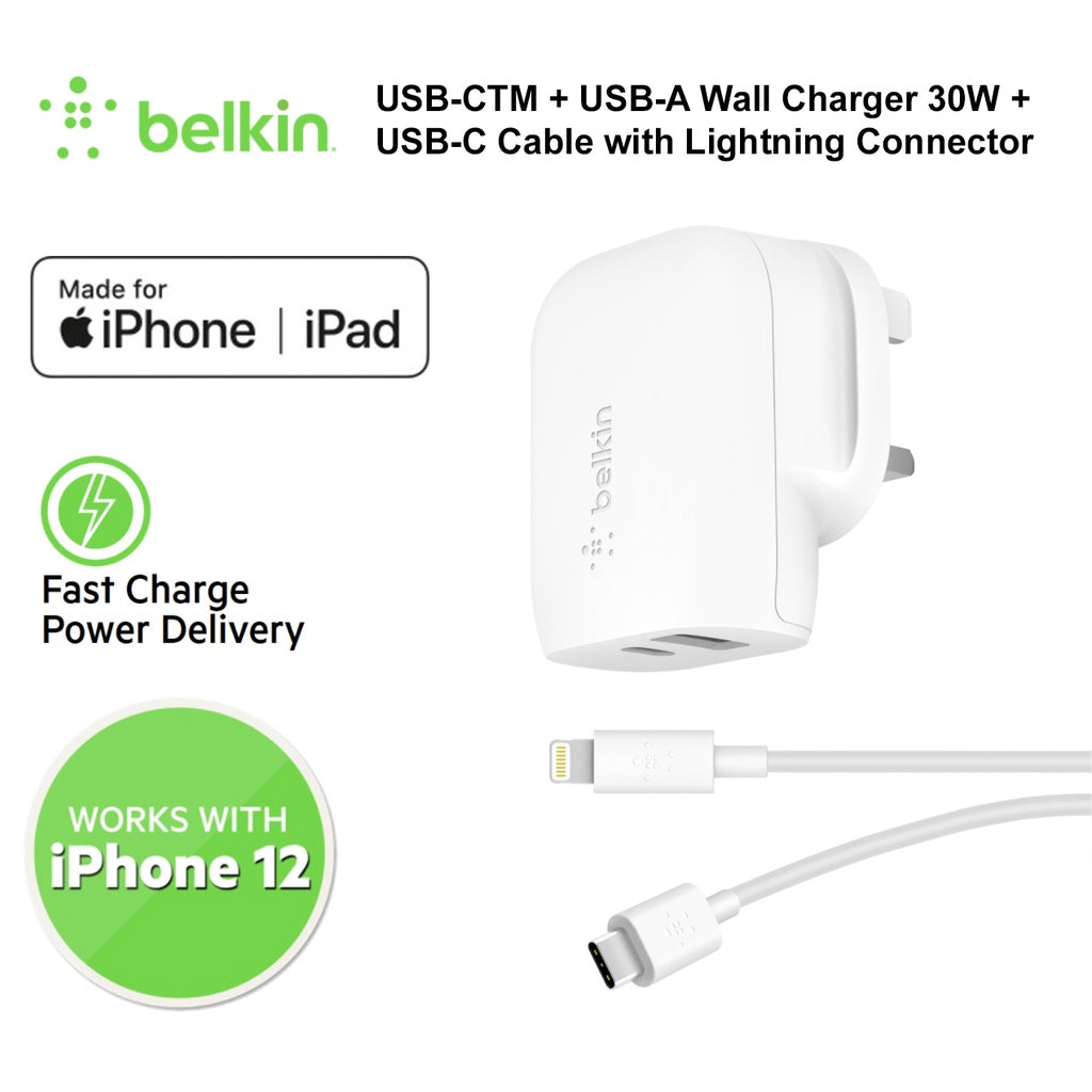 Belkin Boost USB-C + USB-A Wall Charger with USB-C to Lightning Cable (30W)