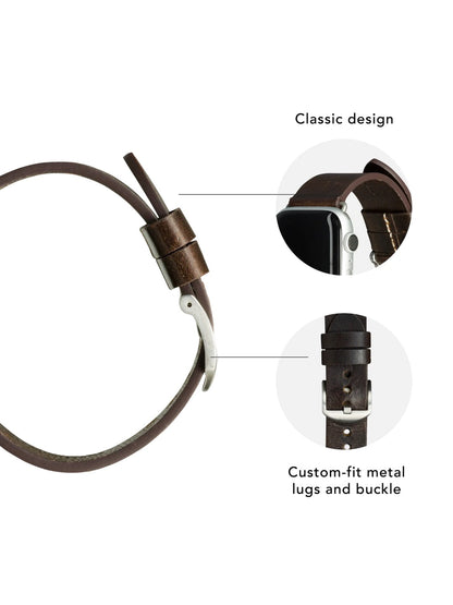 dbramante1928 Bornholm Handcrafted Full-grain Leather Watch Strap for Apple Watch 46mm (2024)/49mm/45mm/44mm/42mm - Dark Brown/Silver
