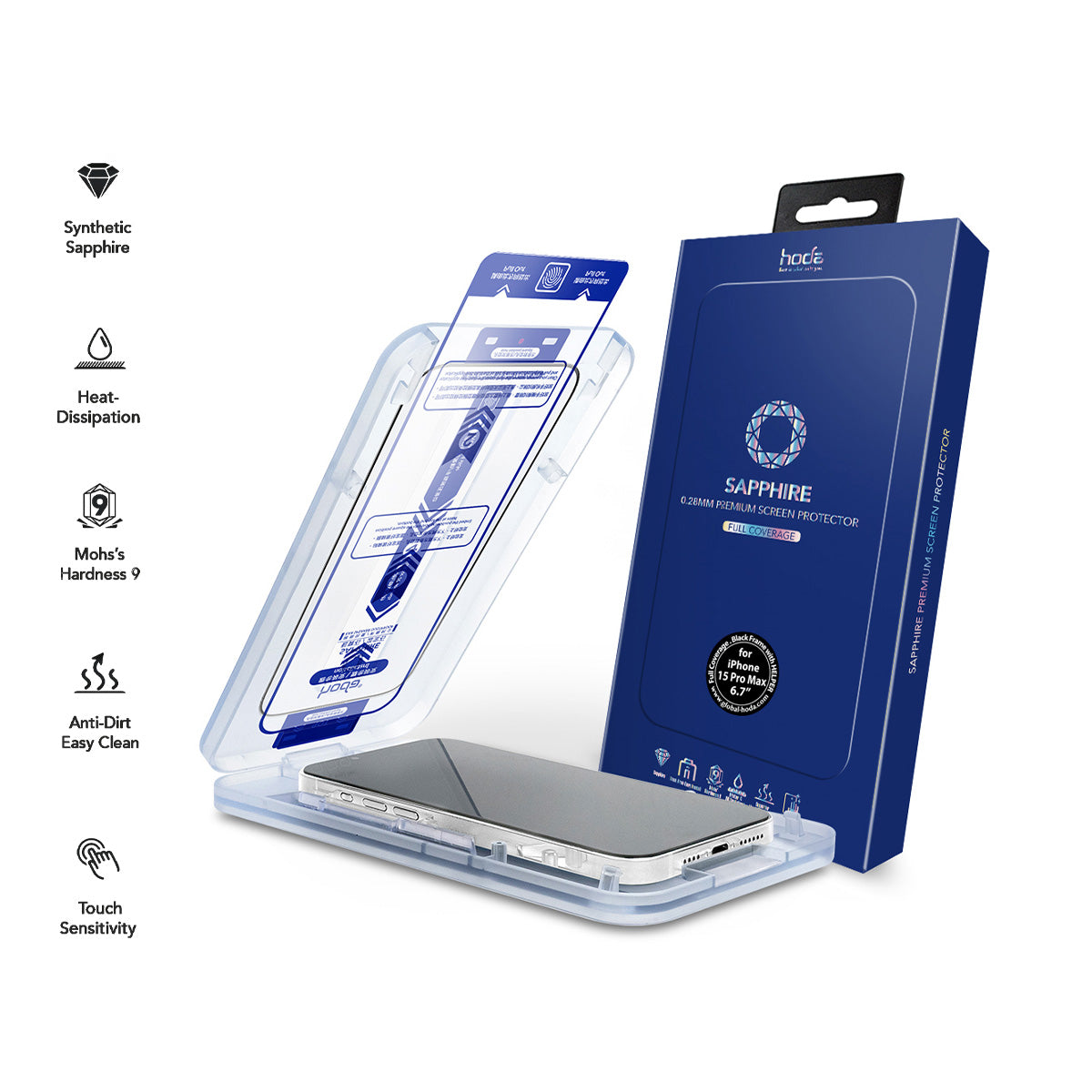 Hoda Sapphire Screen Protector for iPhone 15 Pro Max (2023) (Dust-Free Helper Included)