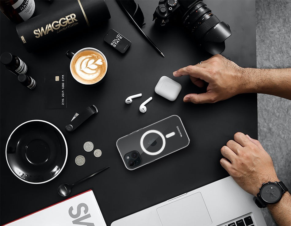 MACHINO PC Frame + Metal Buttons Clear Case with MagSafe for iPhone 15 Series (2023)