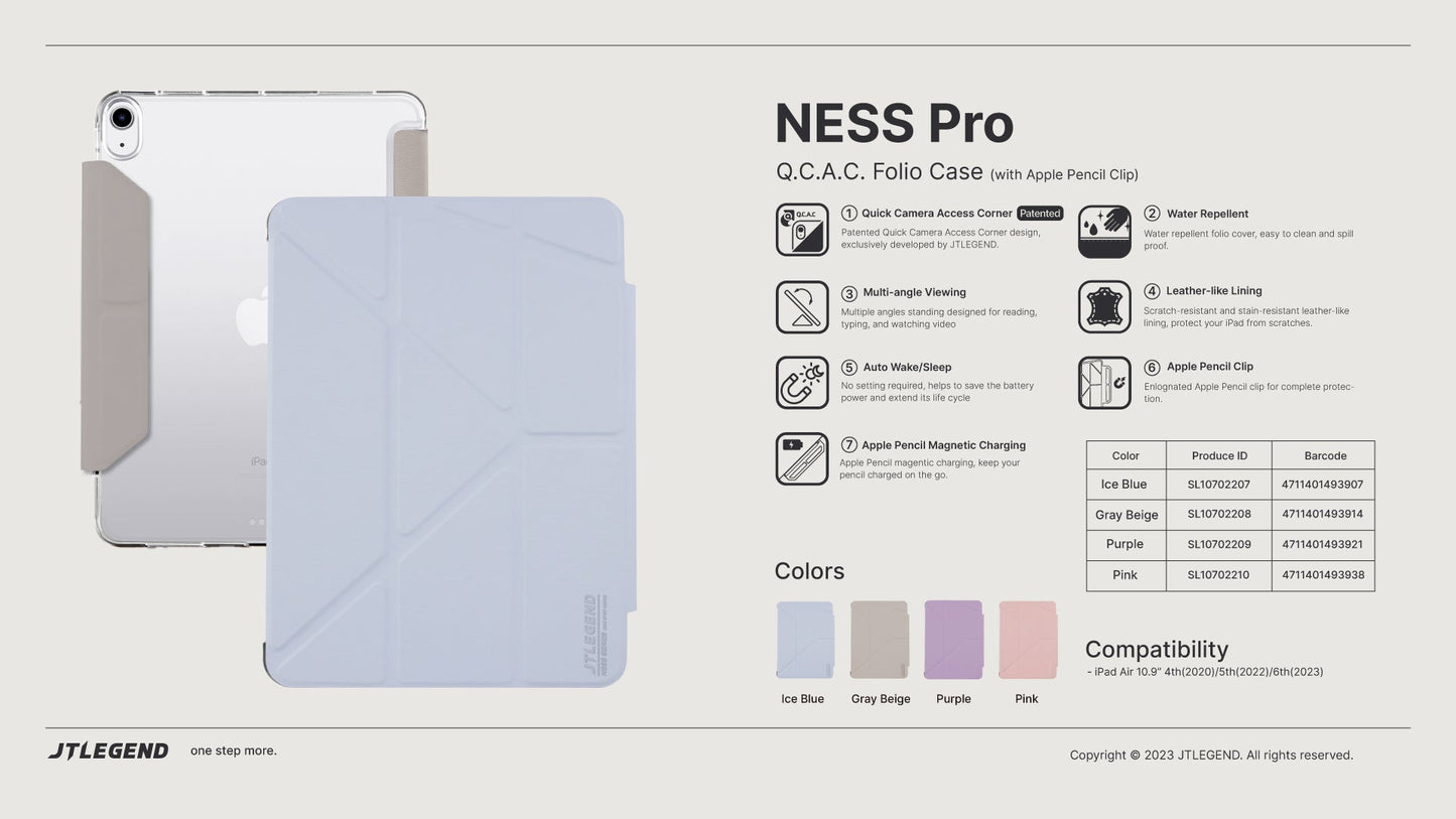 Power Support JTLEGEND Ness Pro QCAC Folio Case with Pencil Clip | Pencil Holder&Clip for iPad Air 11" (2024/2025)/iPad Air 10.9" (2022/2020)/iPad Air 13" (2024/2025)/iPad Pro 11" (2024)/iPad Pro 13" (2024)