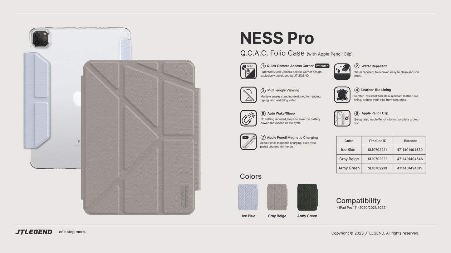 Power Support JTLEGEND Ness Pro QCAC Folio Case with Pencil Clip | Pencil Holder&Clip for iPad Air 11" (2024/2025)/iPad Air 10.9" (2022/2020)/iPad Air 13" (2024/2025)/iPad Pro 11" (2024)/iPad Pro 13" (2024)