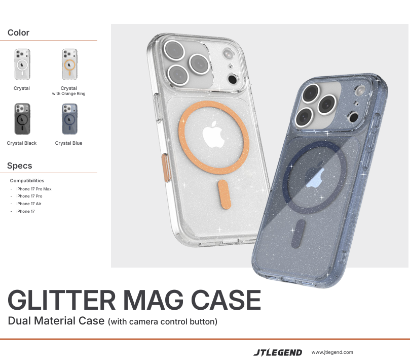 JTLEGEND Glitter Hybrid Cushion Mag Case with MagSafe for Apple iPhone 17 Series (2025) (with Camera Control Button)