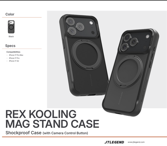 JTLEGEND Rex Kooling Mag Stand Case with MagSafe for Apple iPhone 17 Series (2025) - Black (with Camera Control Button)