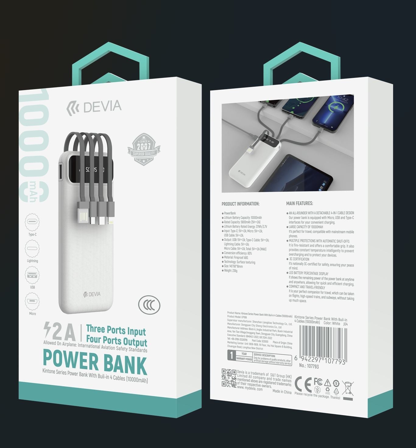 DEVIA Kintone Series Power Bank With Built-in 4 Cables (10000mAh)