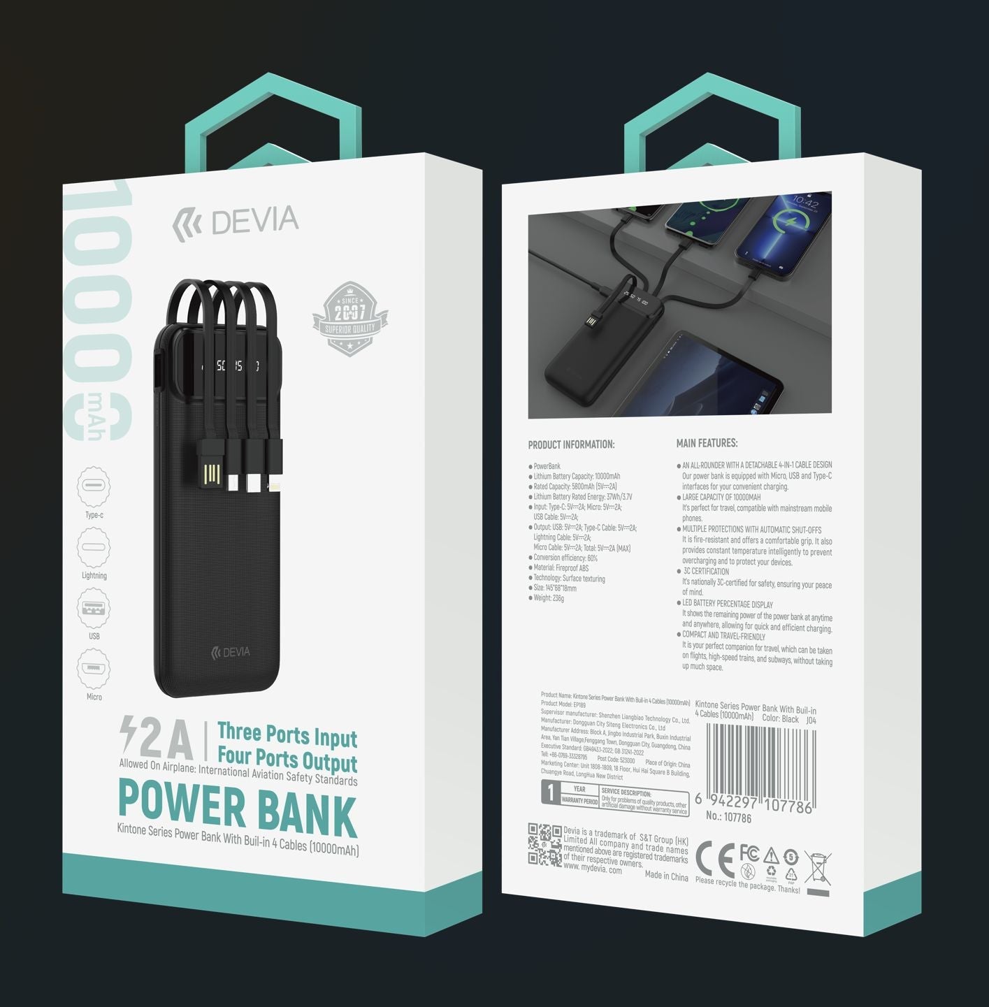 DEVIA Kintone Series Power Bank With Built-in 4 Cables (10000mAh)