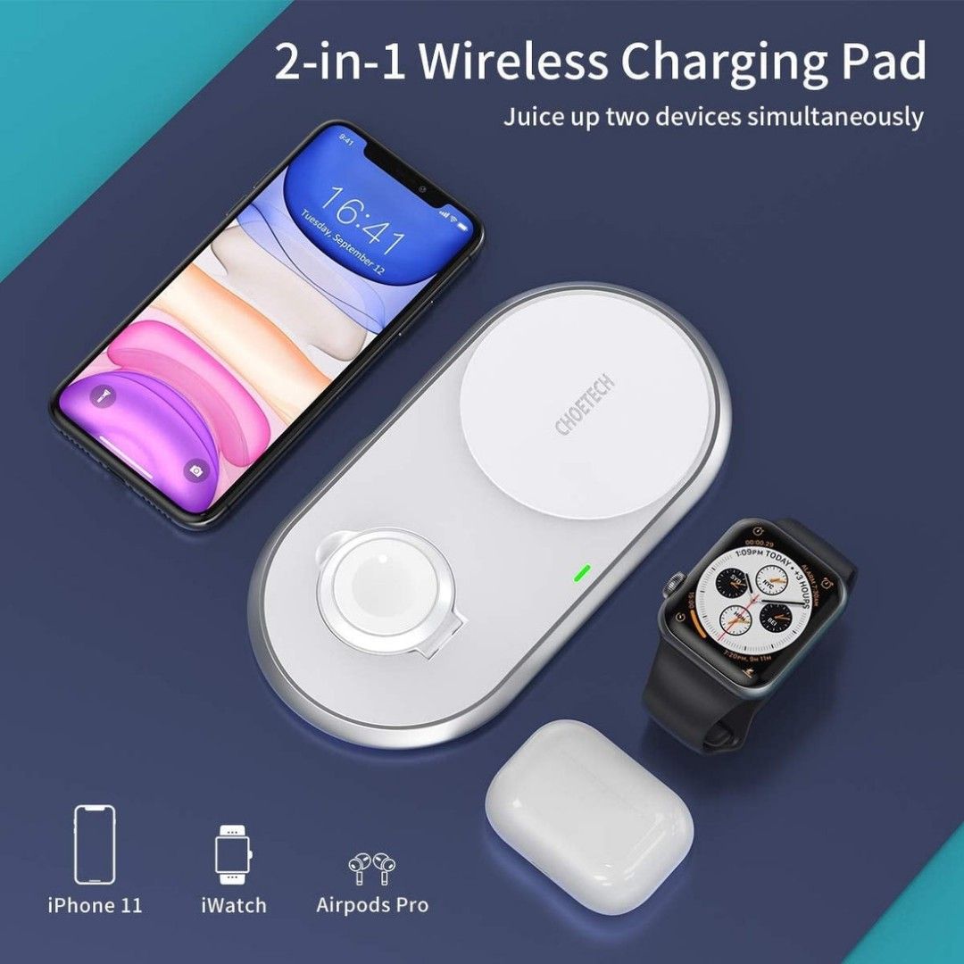 Choetech 2 in 1 Fast Wireless Charger with Stand for Apple Watch Foldable Dual Charge (T317)