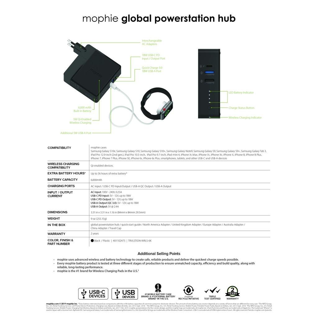 Mophie Global Powerstation Hub Portable Battery Hub with Qi Wireless Charging (6,100mAh), Black